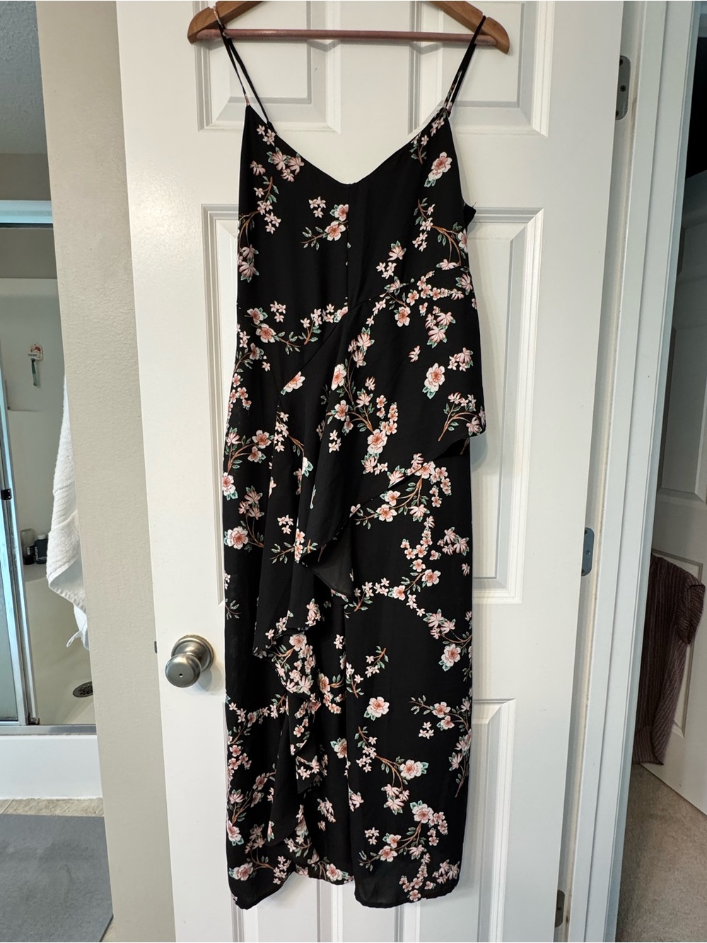 BB Dakota Black Dressy Jumpsuit with Pink Floral Print